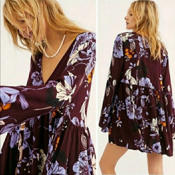 Free People Tops - Free People Bella Floral-Print Tunic Mini Dress Purple Bell Sleeve V Neck